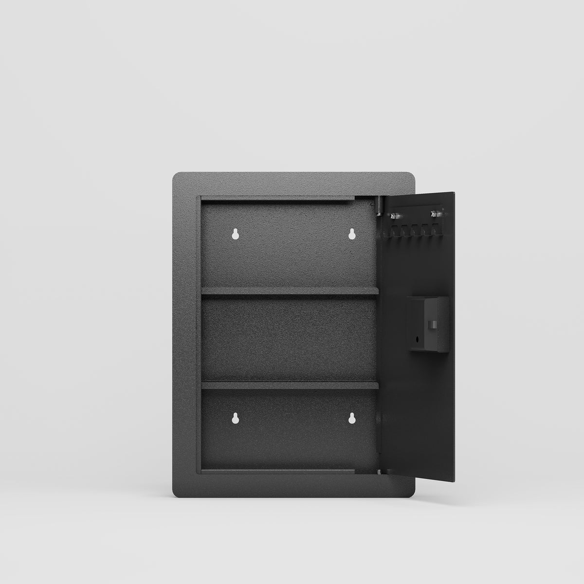 SLATE S in-wall safe in black, open and empty, showing two adjustable shelves and the key hook rail