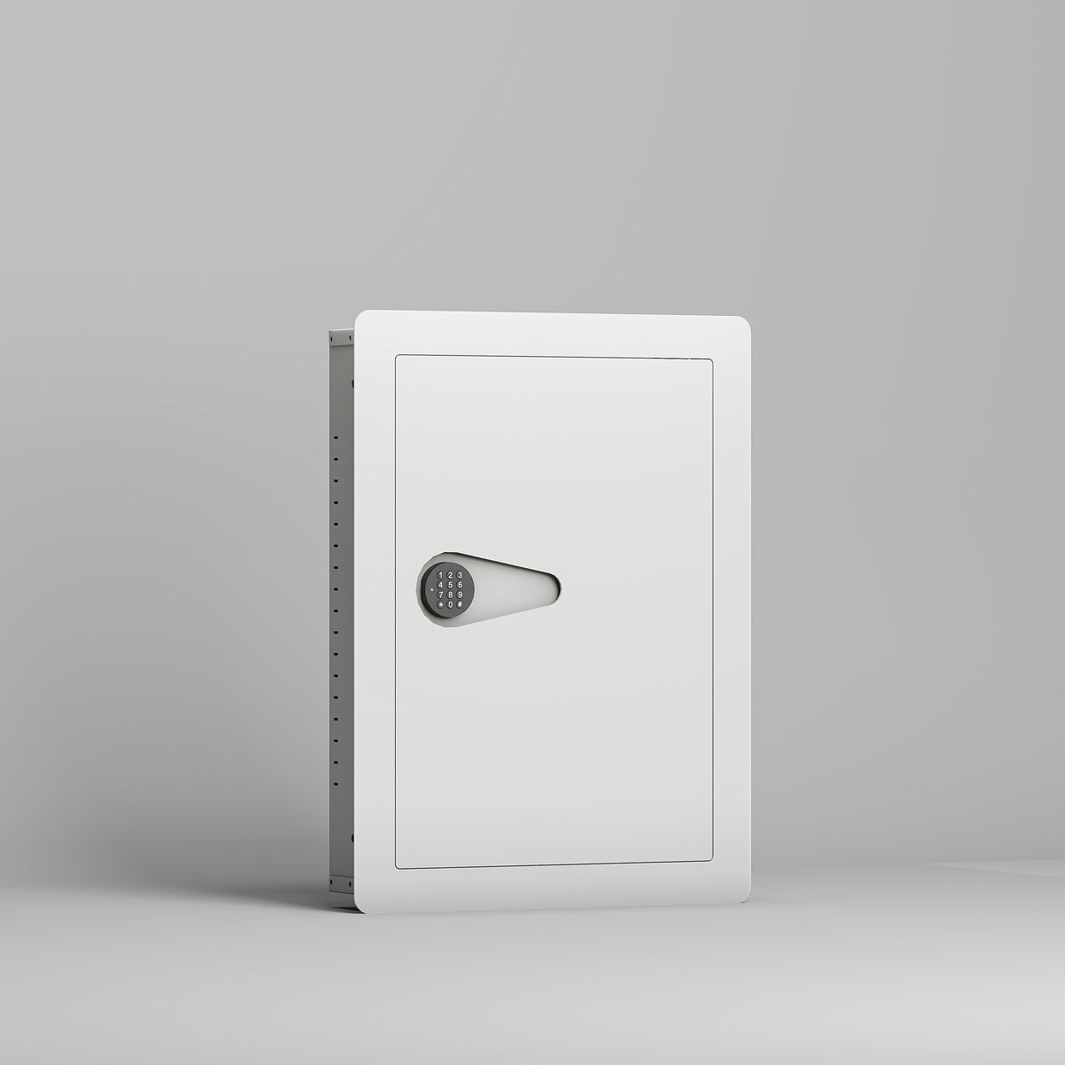 SLATE S in-wall safe in white, closed, front three-quarter view from the left of the small in-wall safe