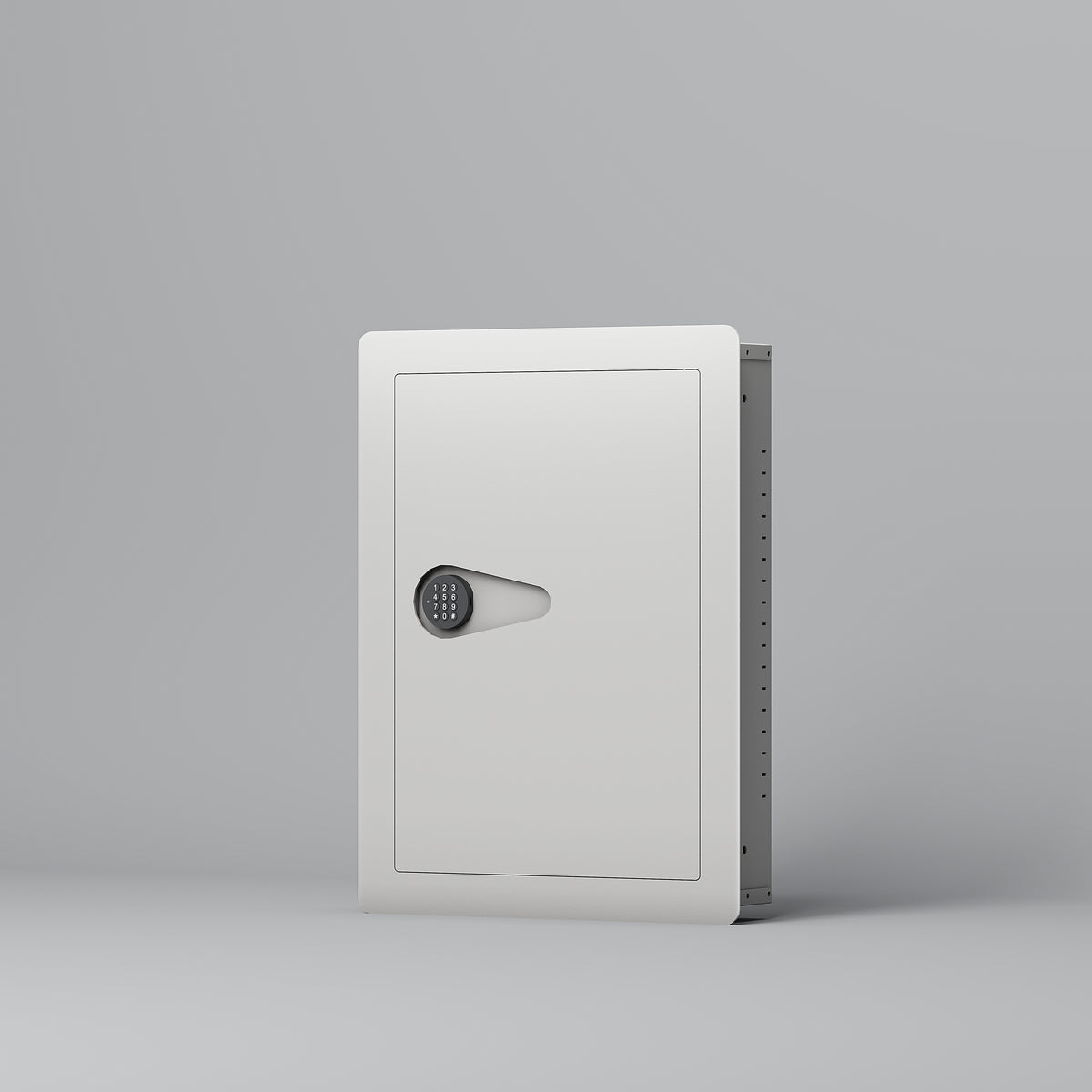 SLATE S in-wall safe in white, closed, front three-quarter view from the right of the small in-wall safe