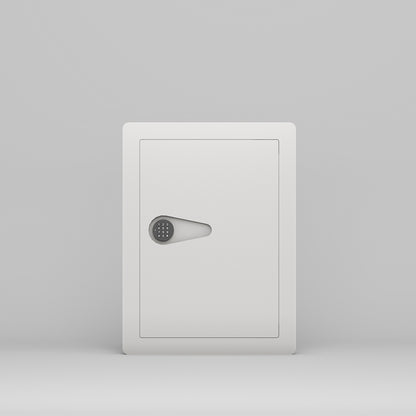 SLATE S in-wall safe in white, closed, straight-on front view of the keypad and handle