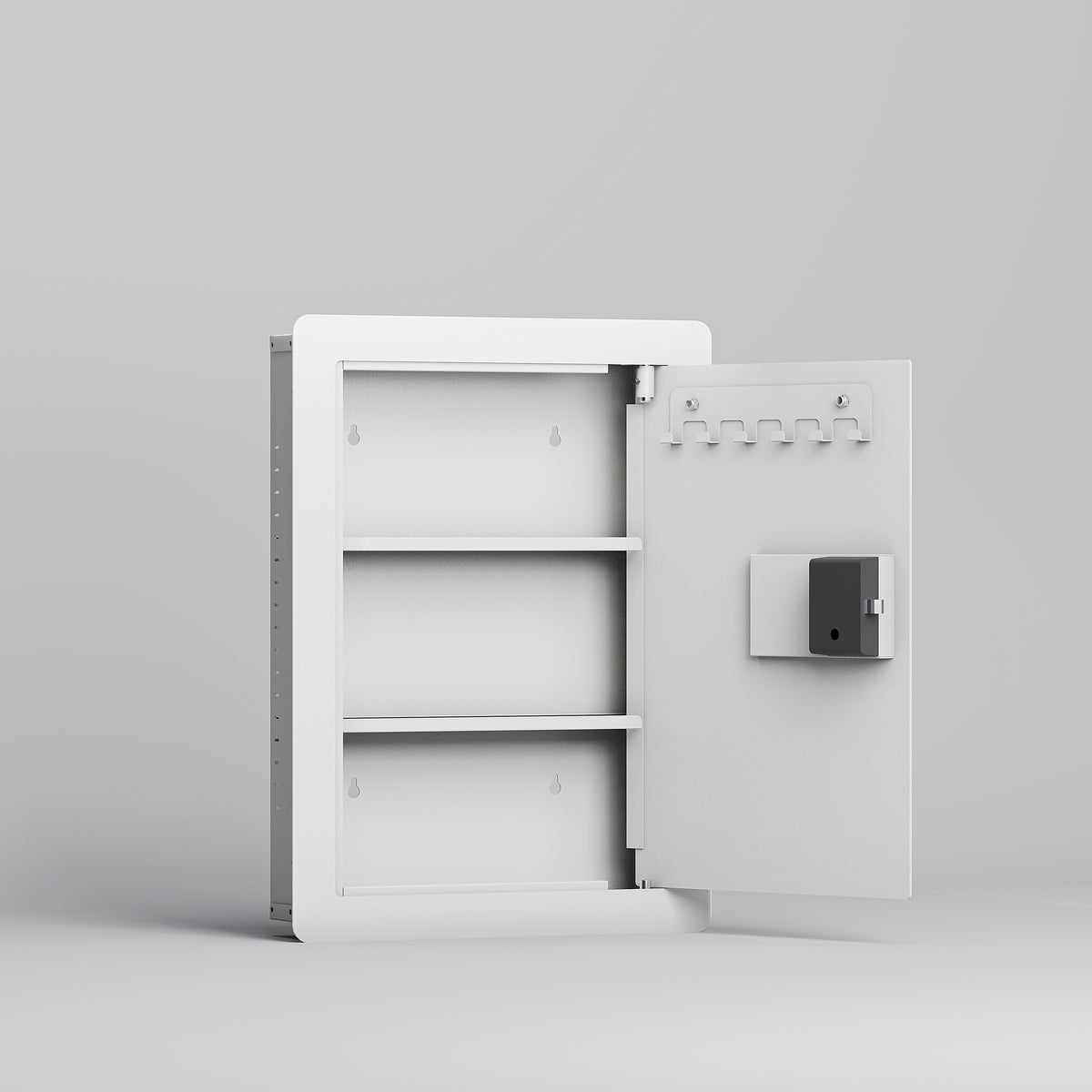 SLATE S in-wall safe in white, open and empty, showing two adjustable shelves and the key hook rail