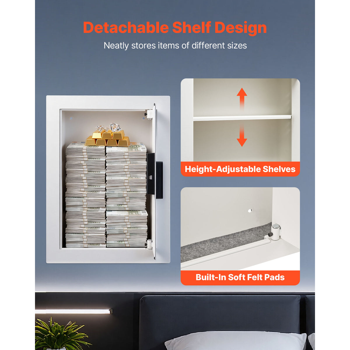 SLATE S keypad in-wall safe in white, height-adjustable shelves and built-in soft felt pads