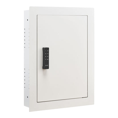 SLATE S keypad in-wall safe in white, closed, three-quarter view from the left showing the keypad