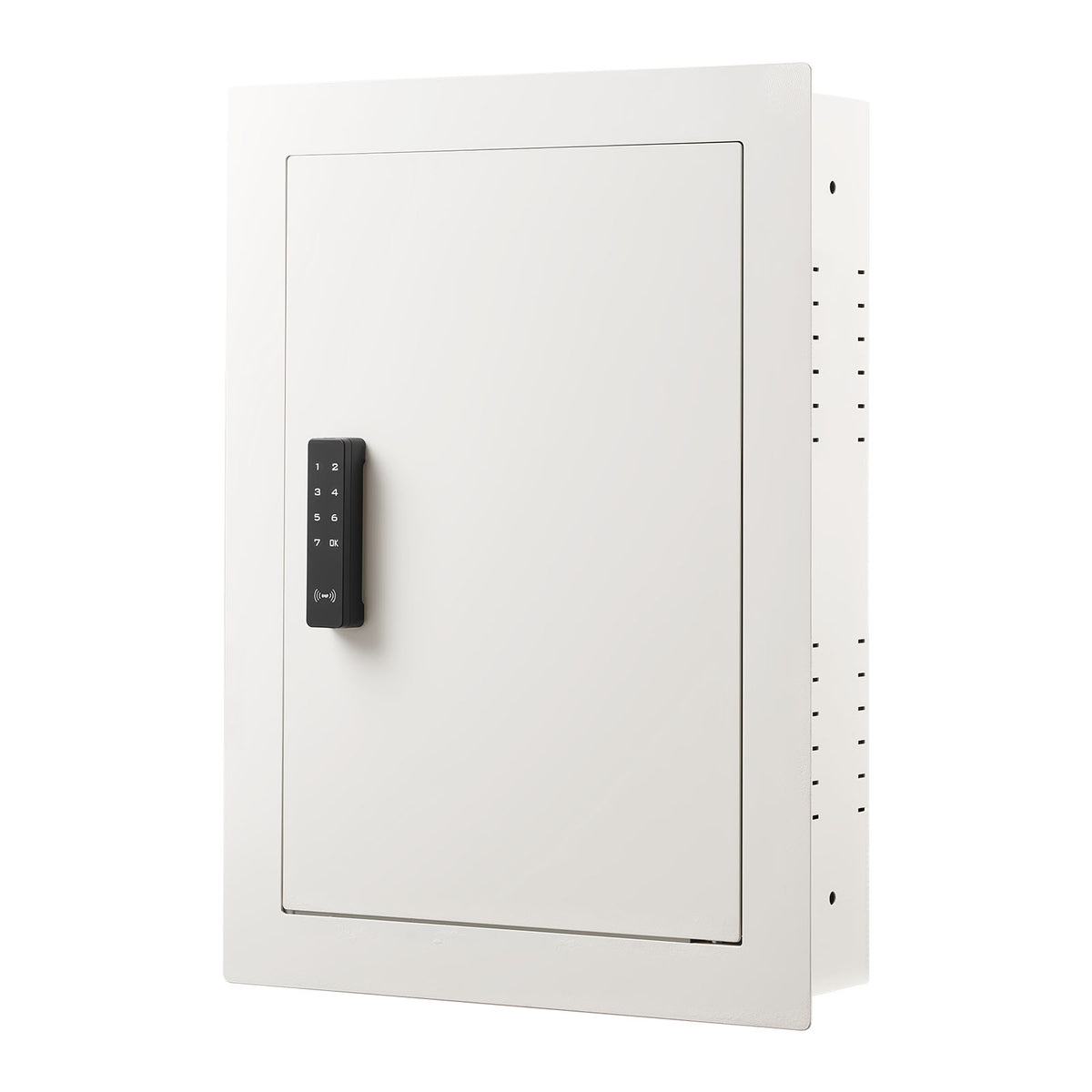 SLATE S keypad in-wall safe in white, closed, three-quarter view from the right showing the mounting flange