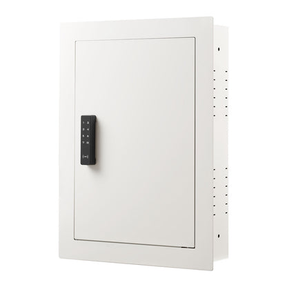 SLATE S keypad in-wall safe in white, closed, three-quarter view from the right showing the mounting flange