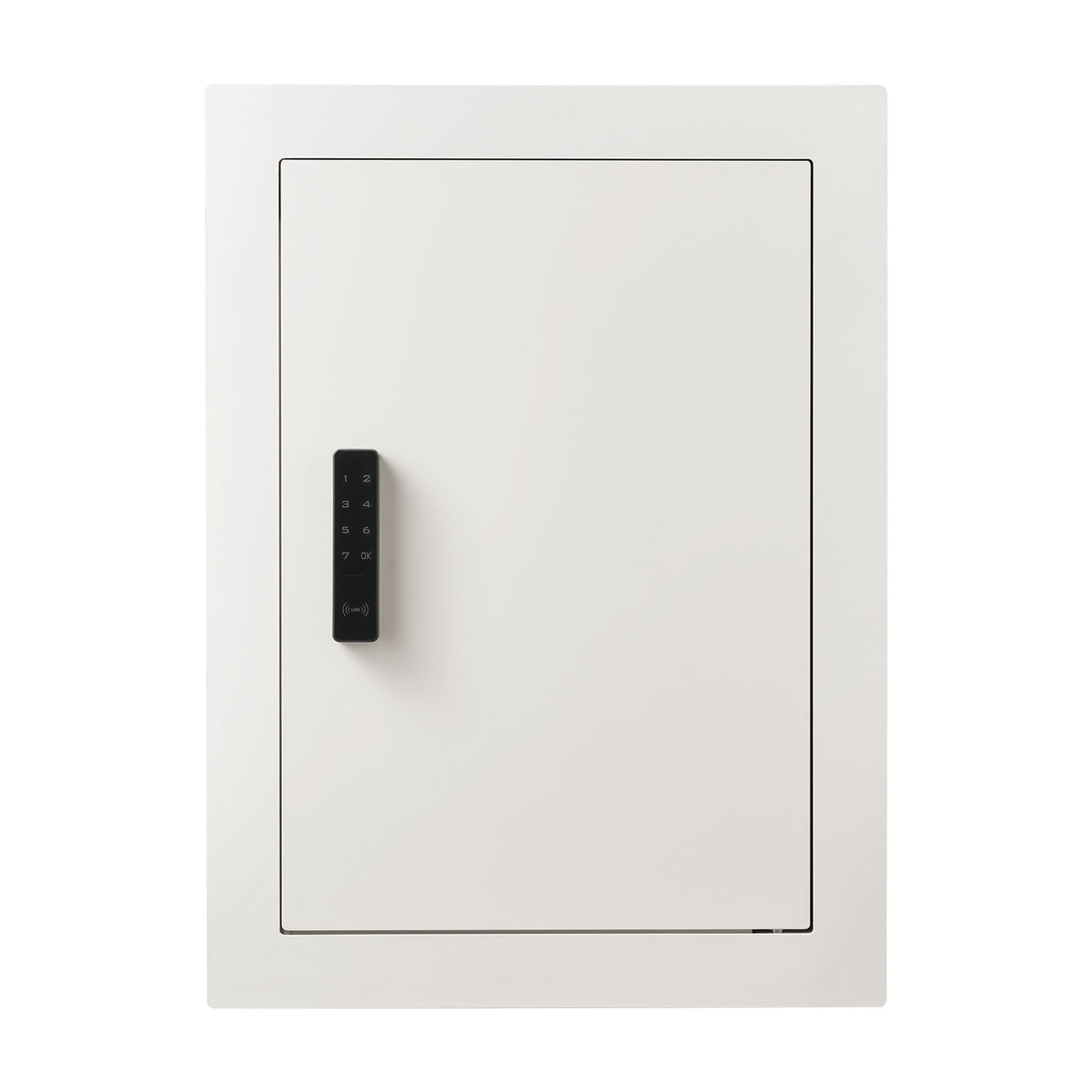 SLATE S keypad in-wall safe in white, closed, straight-on front view of the flush door