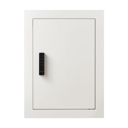 SLATE S keypad in-wall safe in white, closed, straight-on front view of the flush door