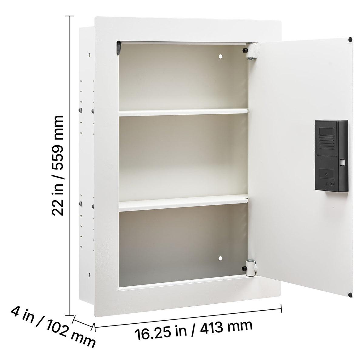 SLATE S keypad in-wall safe in white, open, measuring 22 x 16.25 x 4 inches