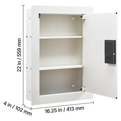 SLATE S keypad in-wall safe in white, open, measuring 22 x 16.25 x 4 inches