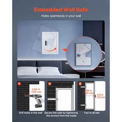 SLATE S keypad in-wall safe in white, installed in a bedroom wall and hidden behind a picture, three install steps