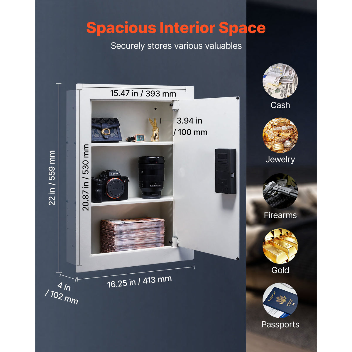 SLATE S keypad in-wall safe in white, interior 20.87 x 15.47 x 3.94 inches holding cash, jewelry, a handgun and passports
