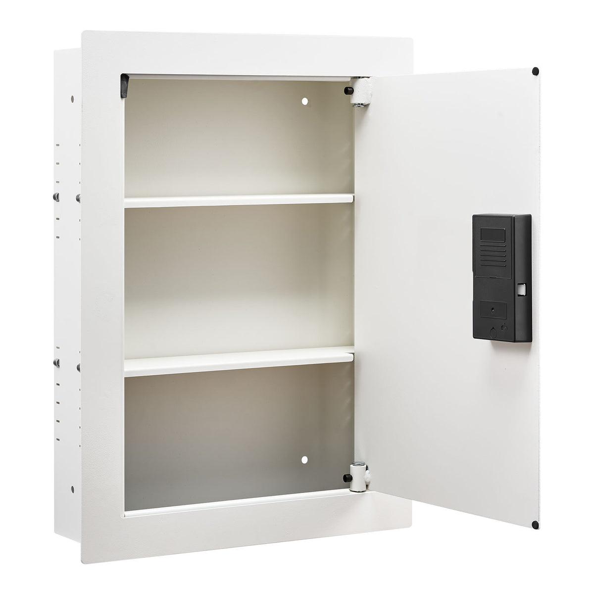 SLATE S keypad in-wall safe in white, door open, showing three tiers and two adjustable shelves