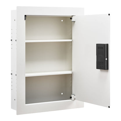 SLATE S keypad in-wall safe in white, door open, showing three tiers and two adjustable shelves