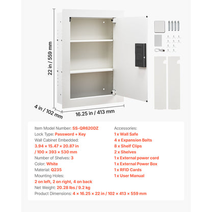 SLATE S keypad in-wall safe in white, what is in the box and specifications