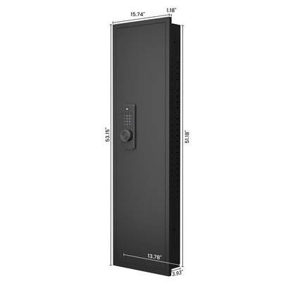 SLATE wall gun safe in black, dimension diagram of the in-wall body, door and stud-width footprint