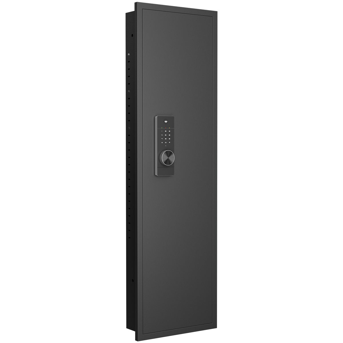 SLATE wall gun safe in black, closed, front three-quarter view of the keypad-lock in-wall cabinet