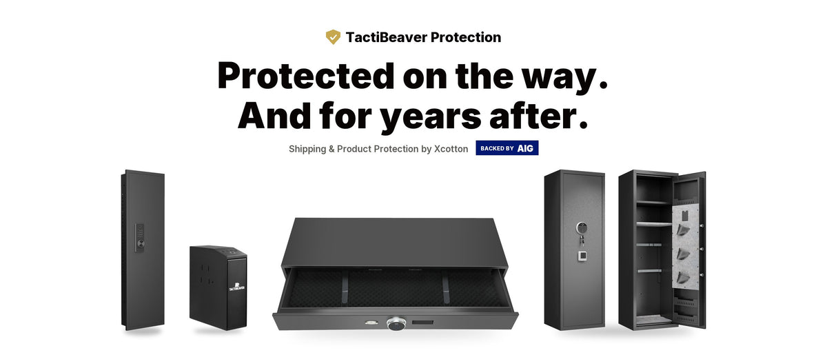 TactiBeaver Protection Plans banner, shipping and product protection for gun safes backed by AIG